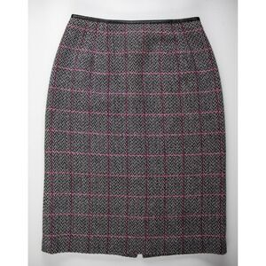 Talbots Women's Tweed Plaid Pencil Skirt Black Pink Leather Trim Size 6‎